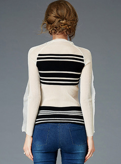 Chic Falbala SLeeve Striped Beaded Slim Sweater