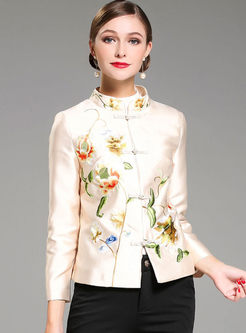 Ethnic Embroidered Stand Collar Long Sleeve Coat