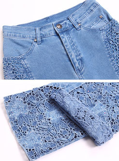 Stylish Lace Stitching Denim Straight Pants