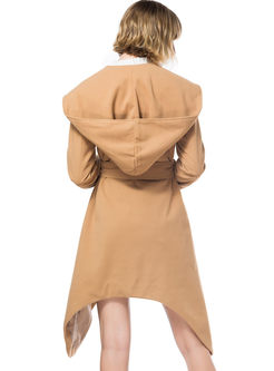 Pure Color Hooded Asymmetry Hem Woolen Trench Coat