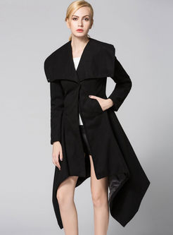 Chic Turn Down Collar Asymmetry Hem Woolen Trench Coat