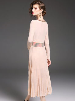 Brief Embroidered V-neck Long Sleeve Maxi Knitted Dress