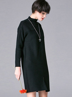 Brief Pure Color Long Sleeve Stand Collar Knitted Dress