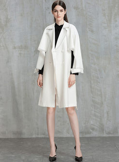White Stylish Belt Long Sleeve Woolen Trench Coat
