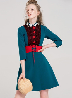 Party Stand Collar Color-blocked A-line Dress