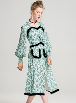 Elegant Floral Print Lantern Sleeve A-line Dress