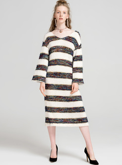 Chic V-neck Striped Asymmetric Knitted Dress