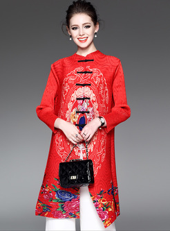 Red Vintage Stand Collar Print Coat