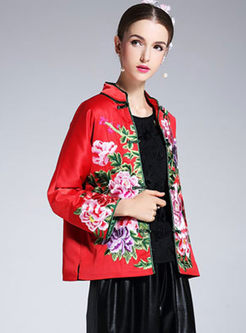 Ethnic Rose Embroidered Stand Collar Thick Coat
