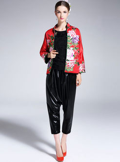 Ethnic Rose Embroidered Stand Collar Thick Coat