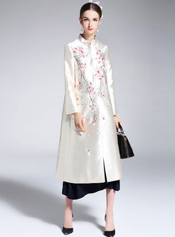 Ethnic Peach Blossom Embroidered Long Sleeve Shift Dress
