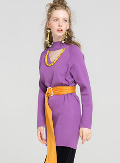 Purple Belted Stand Collar Sweater