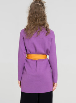 Purple Belted Stand Collar Sweater