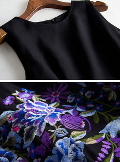 Black Embroidered Sleeveless Gathered Waist Skater Dress