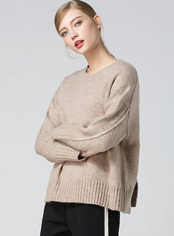 Pure Color Slit Long Sleeve Knitted Sweater