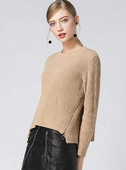Stylish Asymmetry Slit Long Sleeve Knitted Sweater