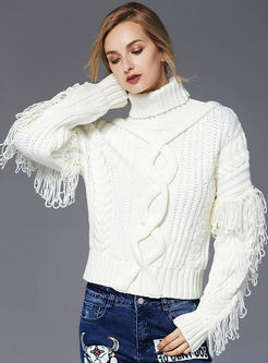White Sweet Tassel Turtle Neck Sweater
