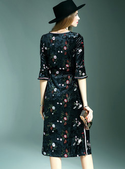 Vintage Velvet Print Half Sleeve Bodycon Dress