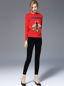 Causal Embroidered Letter Long Sleeve Sweater