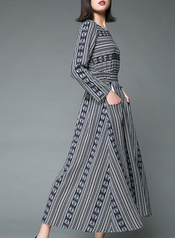 Vintage Ethnic Long Sleeve Striped Maxi Dress