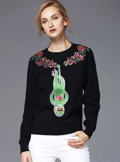 Sequins Embroidered Long Sleeve Knitted Sweater