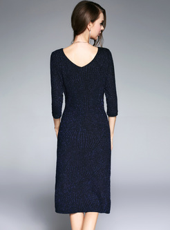 Blue Elegant O-neck Midi Bodycon Dress