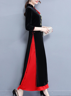 Elegant Embroidery Improved Cheongsam Maxi Dress