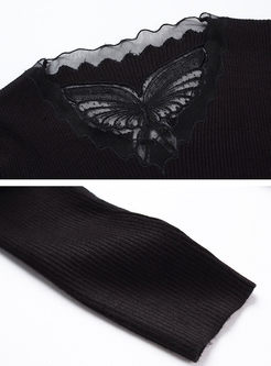 Black Lace Hollow Out Butterfly Design Knitted Sweater