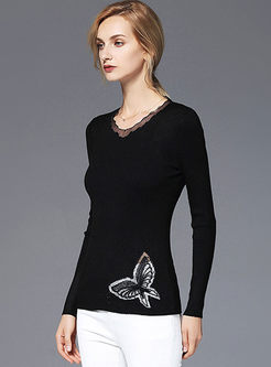 Black Lace Hollow Out Butterfly Design Knitted Sweater