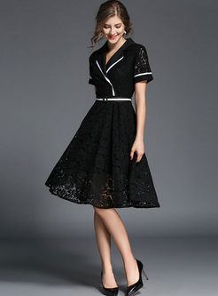 Lace Hollow Out Notched Neck Skater Dress