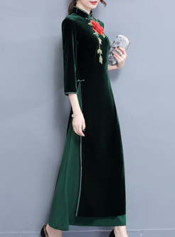 Green Embroidery Improved Cheongsam Maxi Dress