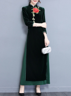 Green Embroidery Improved Cheongsam Maxi Dress