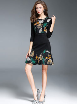 Black Slim Floral Print A-line Dress