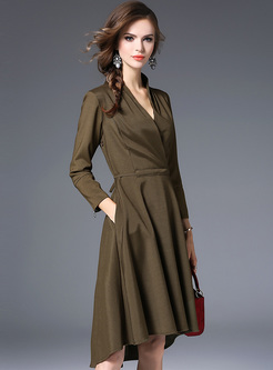 Green Tied-waist Asymmetric Hem A-line Dress