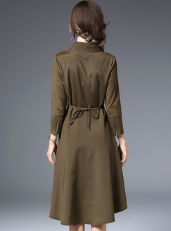 Green Tied-waist Asymmetric Hem A-line Dress
