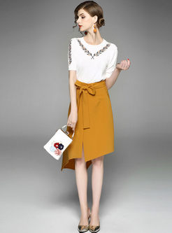 White Embroidered Short Sleeve T-shirt & Stylish Asymmetry Skirt