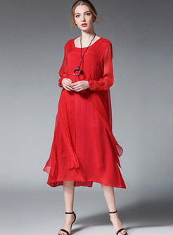 Casual Pure Color Long Sleeve Shift Dress