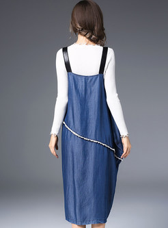 Blue Patchwork Suspenders Shift Dress