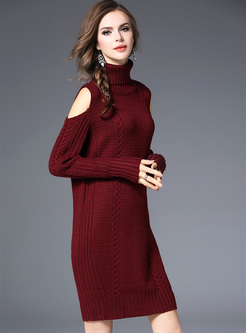 Red Sexy Off Shoulder High Neck Knitted Dress