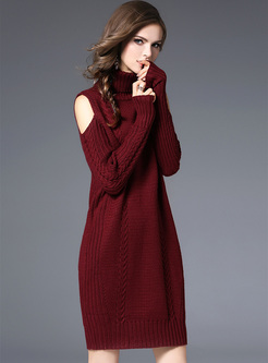 Red Sexy Off Shoulder High Neck Knitted Dress