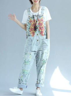 Street Hole Floral Print Overalls