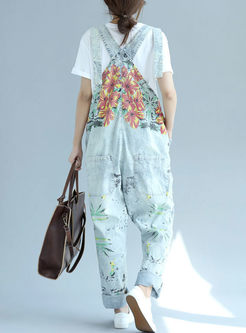 Street Hole Floral Print Overalls