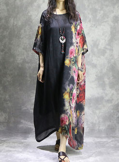 Causal Floral Print Loose Asymmetry Hem Maxi Dress With Underskirt
