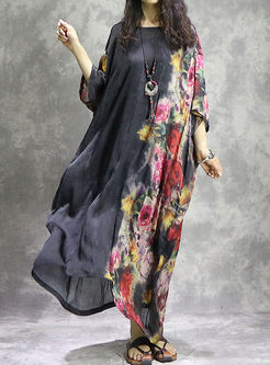 Causal Floral Print Loose Asymmetry Hem Maxi Dress With Underskirt
