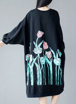 Chic Floral Print Batwing Sleeve T-shirt Dress