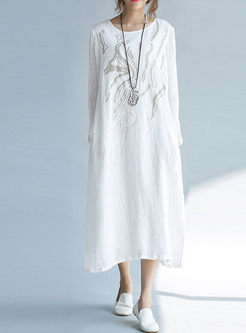 White Embroidered Long Sleeve Shift Dress