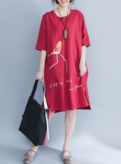 Cute Bird Print Half Sleeve T-shirt Dress