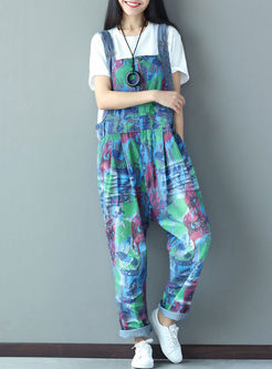 Casual Colorful Print Hole Denim Overalls