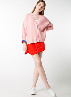 Brief V-neck Long Sleeve Wool Knitted Coat
