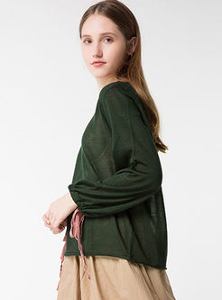 Brief Lantern Sleeve O-neck Knitted Sweater
